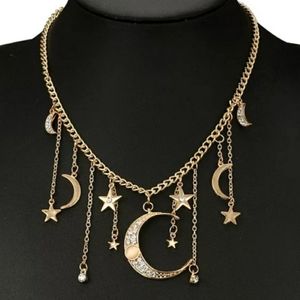 Gold Crescent Moon & Stars Necklace